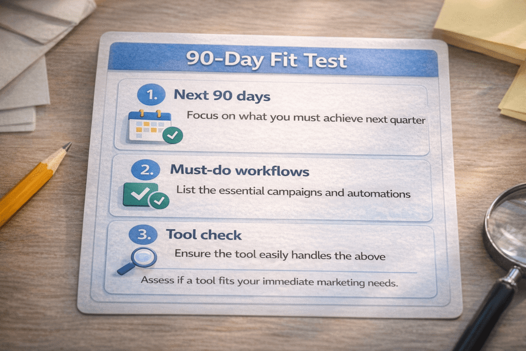 Photo of a 90-day fit test checklist showing three steps: next 90 days, must-do workflows, and tool check, shot in soft natural light.