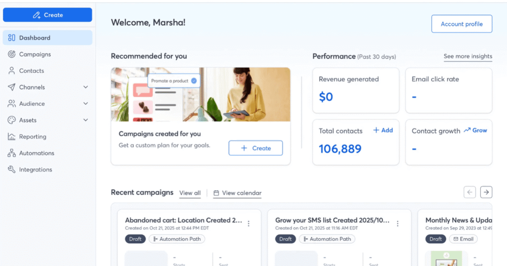 Constant Contact dashboard showing recent activity and campaign shortcuts.