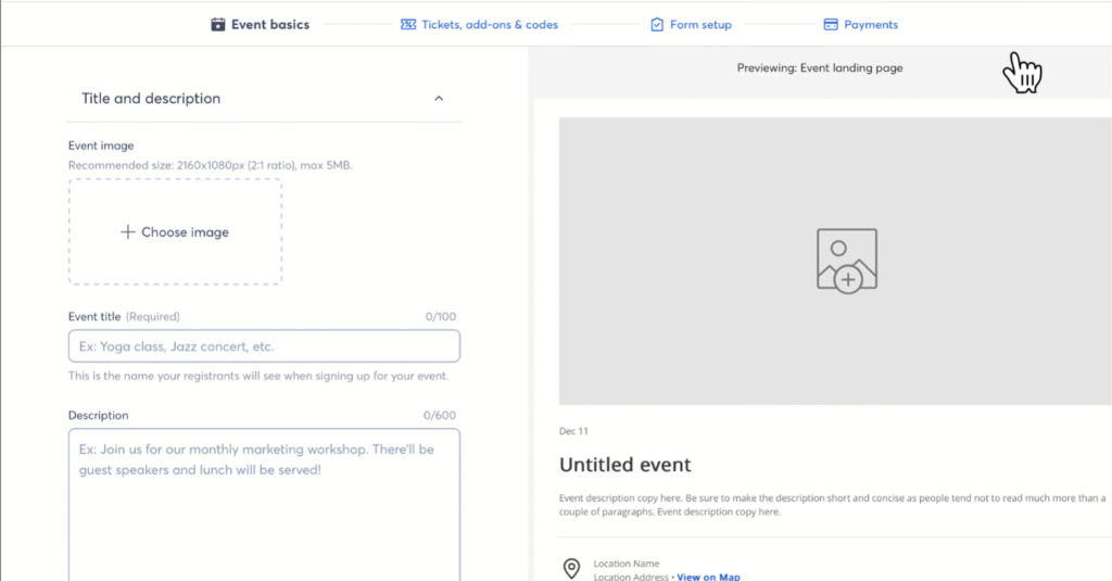Screenshot of Constant Contact events feature showing event registration and payment options.