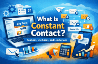 Illustration showing Constant Contact email marketing with a drag-and-drop editor, automation flow, and SMS icons.