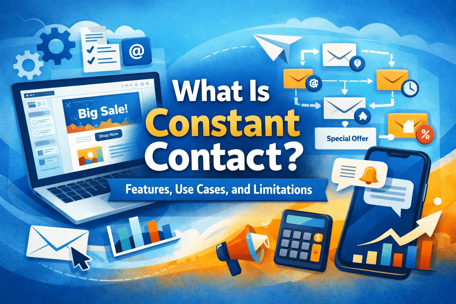 Illustration showing Constant Contact email marketing with a drag-and-drop editor, automation flow, and SMS icons.