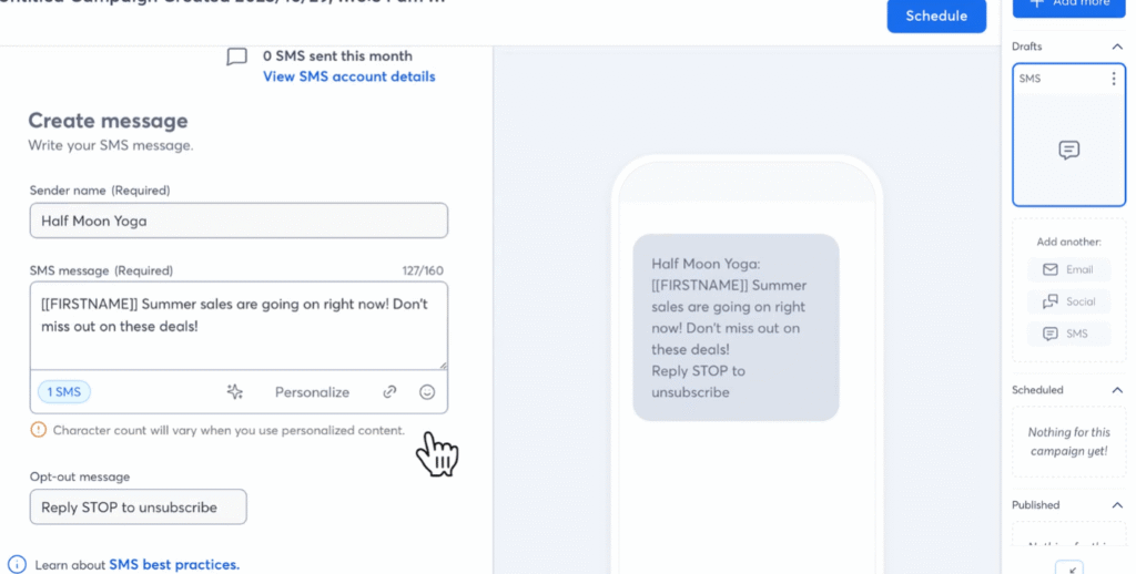 Constant Contact SMS marketing feature page highlighting text messaging tools for businesses.