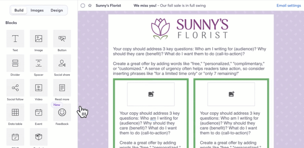 Screenshot of an email marketing tool’s drag-and-drop editor with content blocks and a campaign preview.