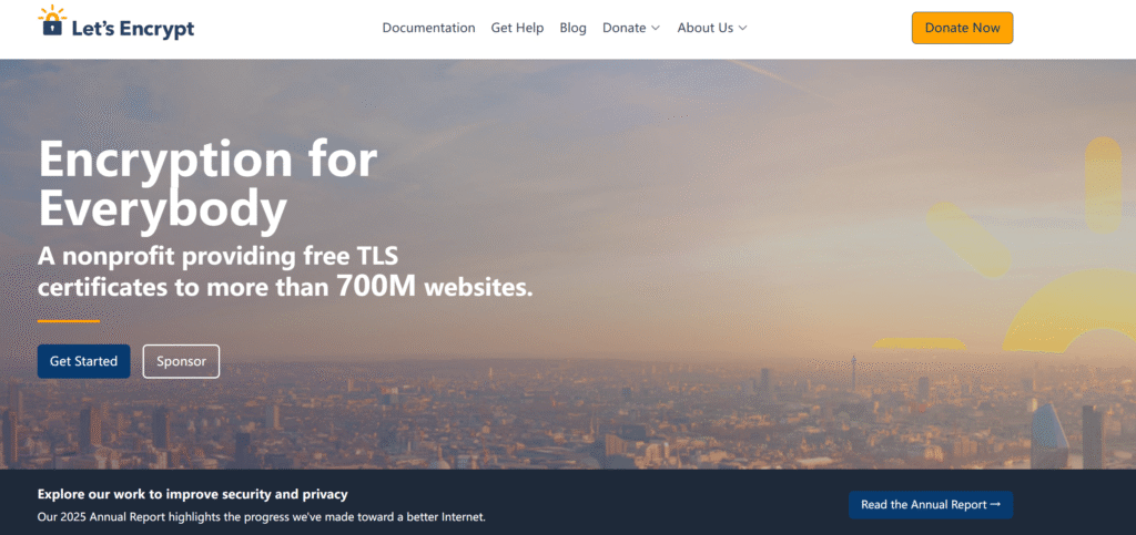 Let’s Encrypt homepage highlighting free TLS certificates for enabling HTTPS on websites.