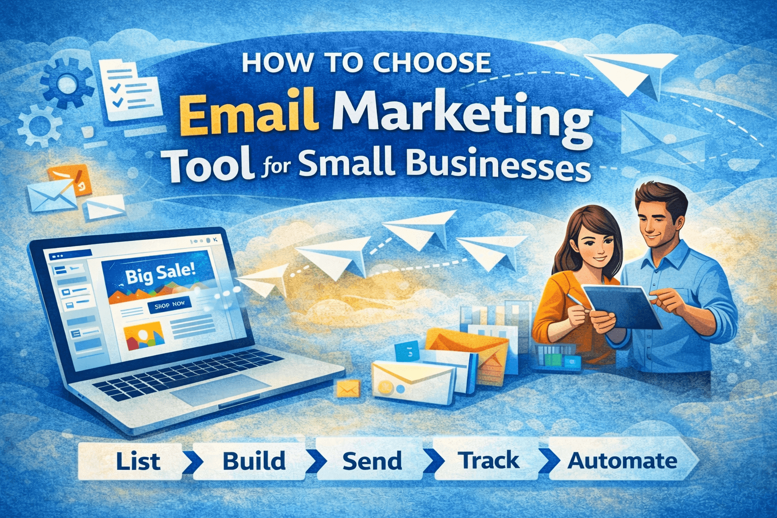 Illustration of a small business choosing an email marketing tool, with a laptop, paper planes, and a simple workflow theme.