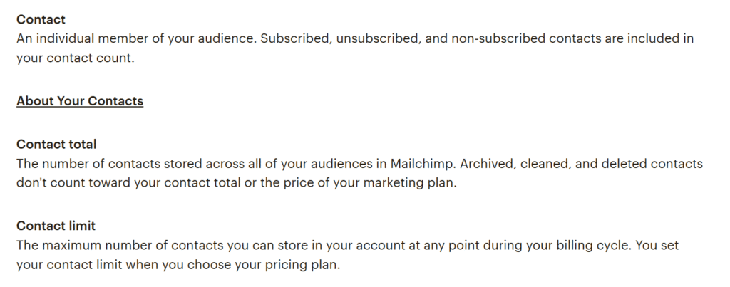 Screenshot of Mailchimp documentation explaining that subscribed, unsubscribed, and non-subscribed contacts count toward billing.