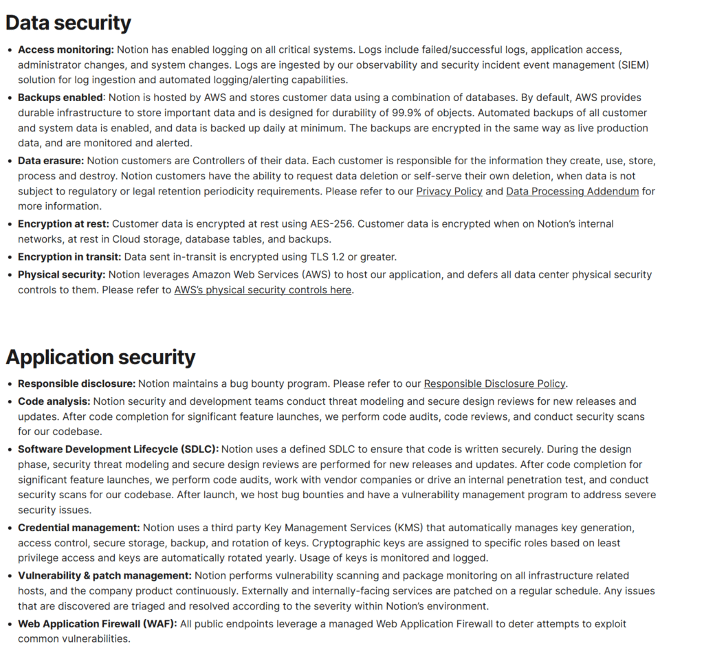 Screenshot of Notion’s security and compliance page summarizing key protections and commitments.