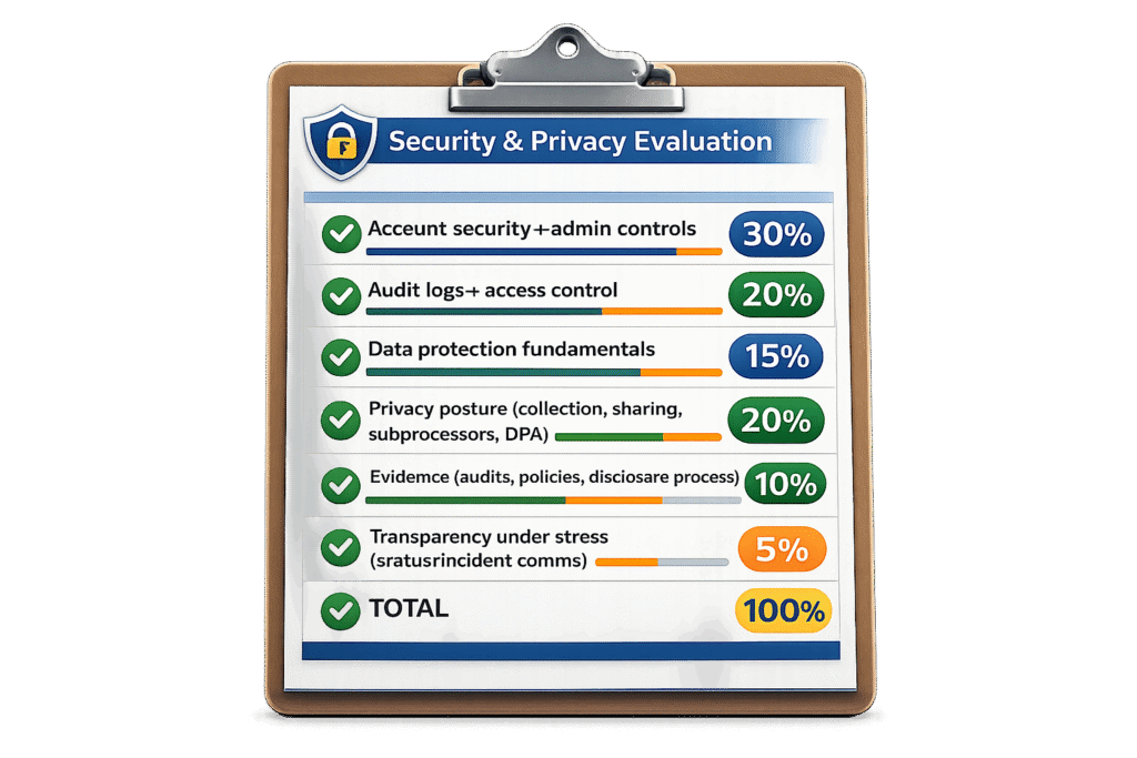 Security and privacy evaluation scorecard showing weighted categories like MFA, audit logs, data deletion, and subprocessors.
