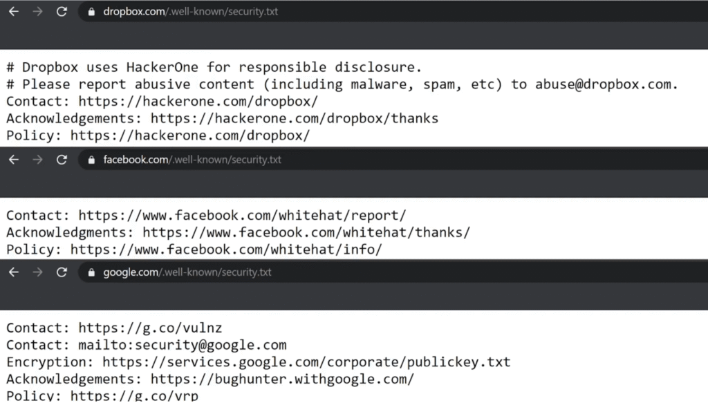 Screenshot of security.txt standard page explaining how vendors publish vulnerability disclosure contact details