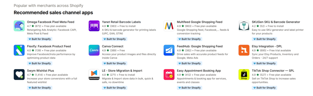 Screenshot of Shopify App Store search results for subscriptions apps.