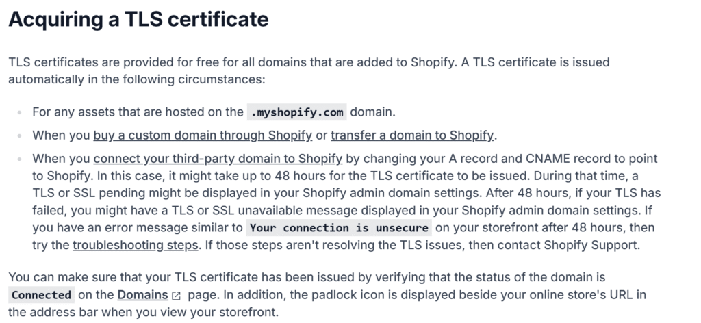 Screenshot of Shopify help documentation explaining secure connections and free TLS/SSL certificates.