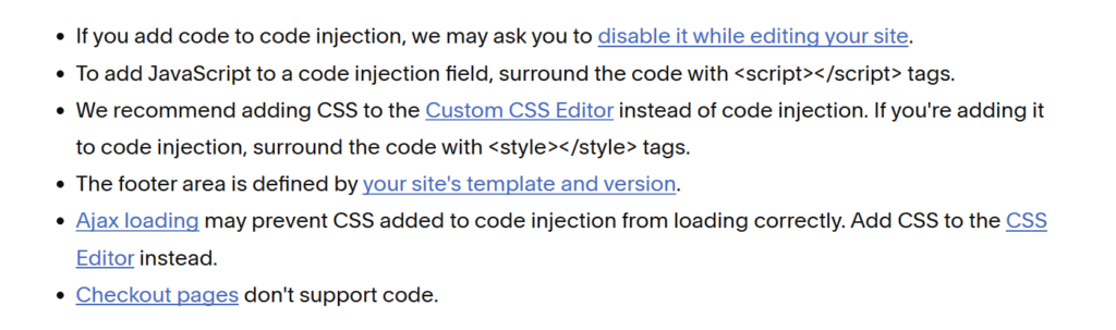 Screenshot of Squarespace Code Injection documentation showing which plans include code injection and key limitations.