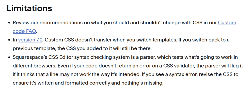 Screenshot of Squarespace CSS Editor documentation showing limitations and warnings about custom CSS.