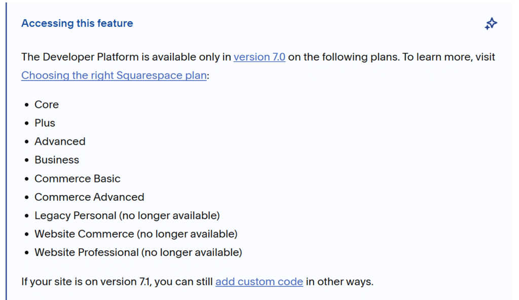 Screenshot of Squarespace Developer Platform FAQ stating it’s version 7.0 only and does not allow server-side custom code.
