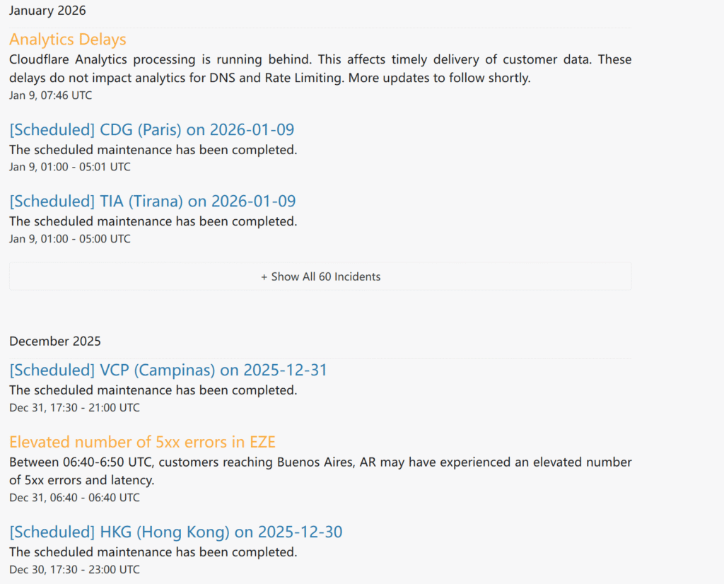 Public status page screenshot showing incident history with timestamps and service impact details.
