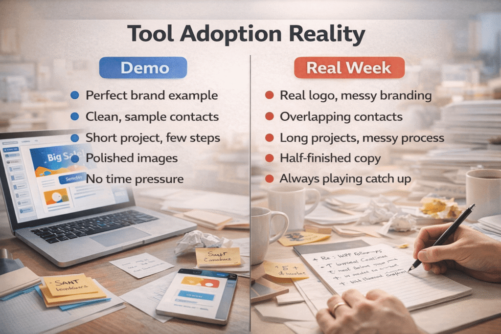 Split-scene photo comparing a neat demo setup with a chaotic real workweek desk to show why tool adoption is harder in real life.