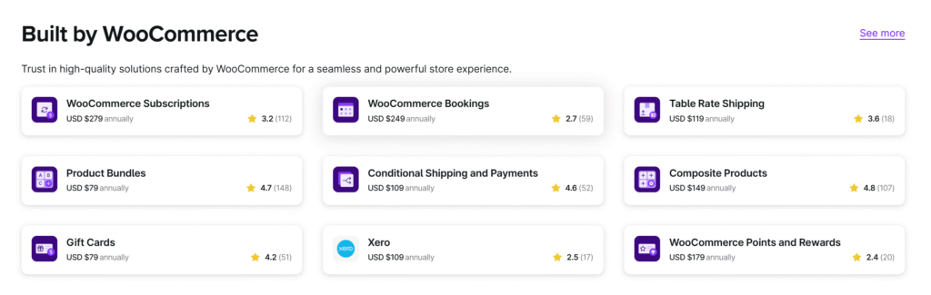 Screenshot of WooCommerce Marketplace products showing paid annual extensions and add-ons.