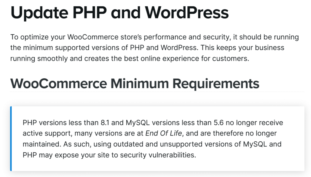 Screenshot of WooCommerce documentation about keeping WordPress and PHP updated for performance and security.