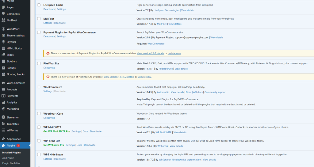 Screenshot of WordPress dashboard showing the WooCommerce menu and the Plugins page.