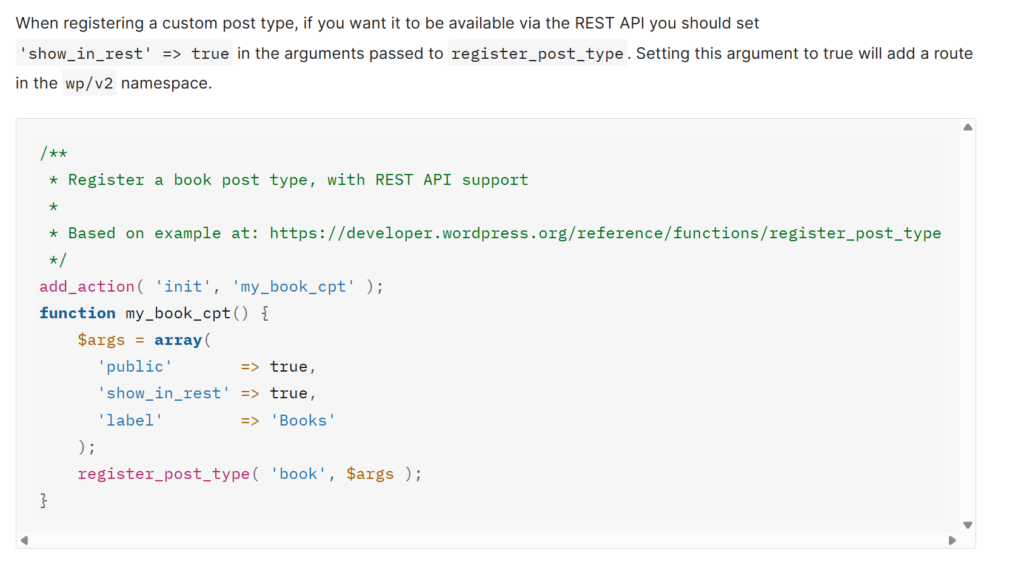 Screenshot of WordPress REST API documentation describing support for custom post types and taxonomies.